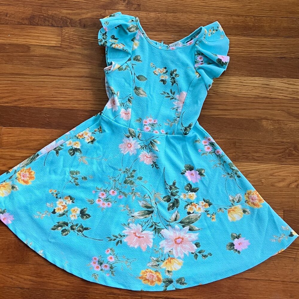 Ava & Yelly Fit Flare Floral Skater Dress GIrls Size 8 Turquoise Ruffled Sleeves